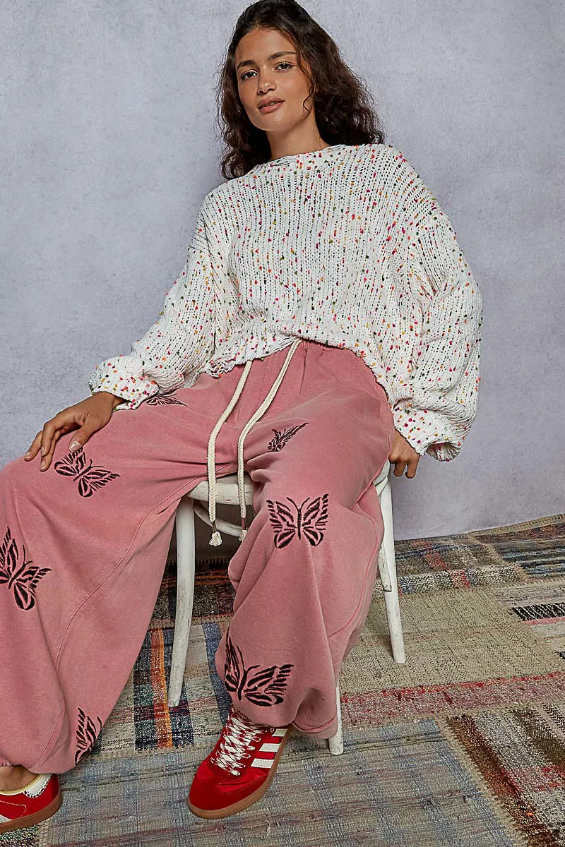 Dame Rund Hals Genser Fringed Hem Popcorntekstur Polyester 4