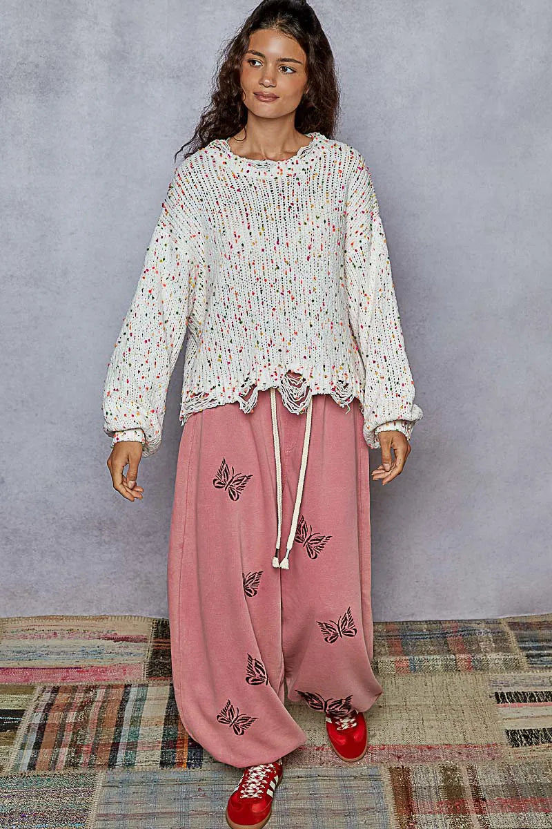 Dame Rund Hals Genser Fringed Hem Popcorntekstur Polyester 5