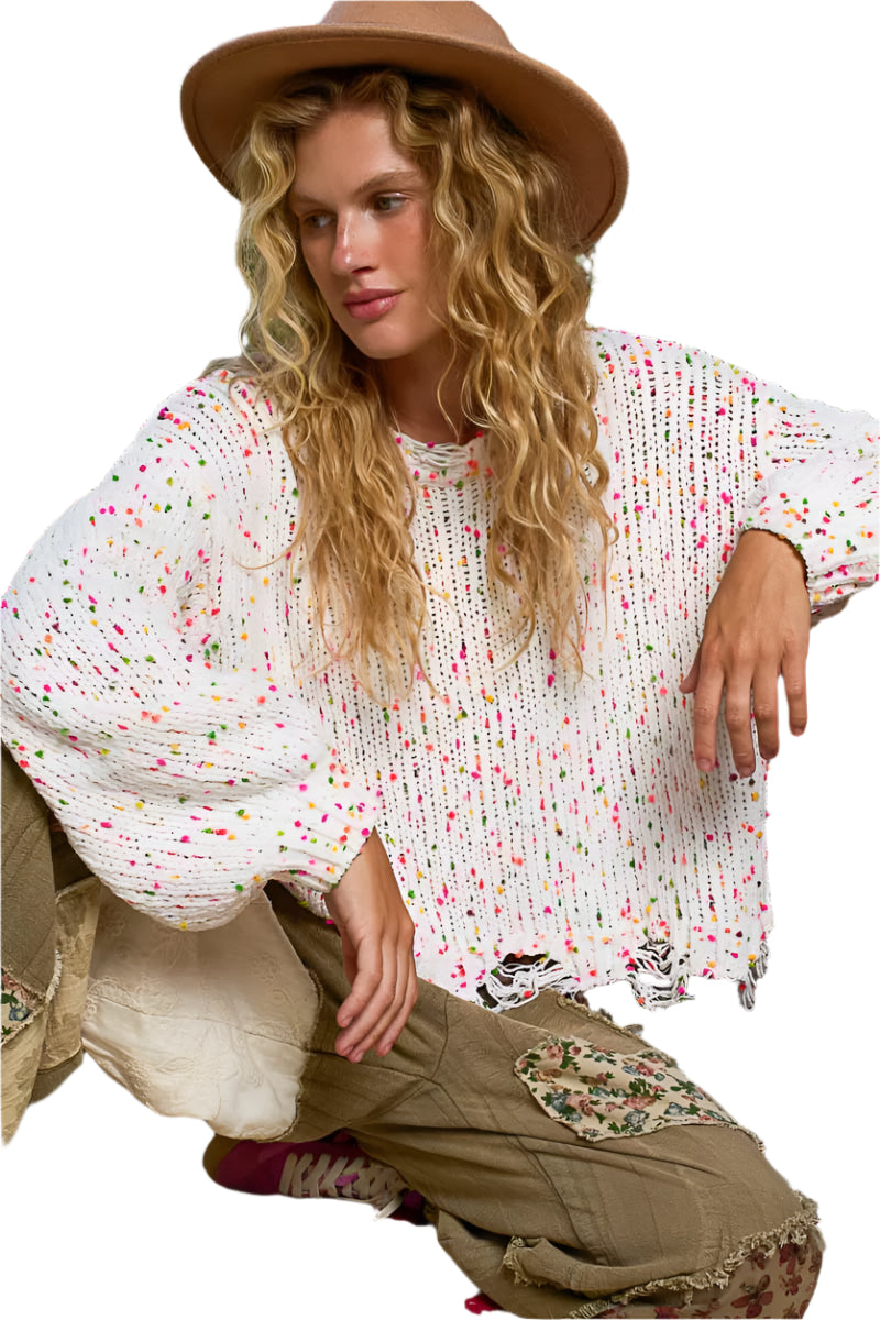 Dame Rund Hals Genser Fringed Hem Popcorntekstur Polyester 8