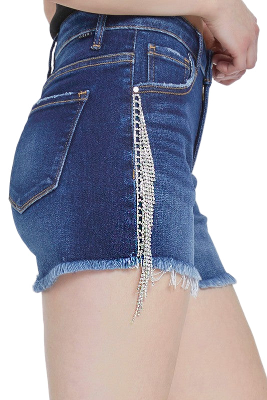 Dame Shorts Høyt Liv Frynse Polyester Med Rhinestones 0