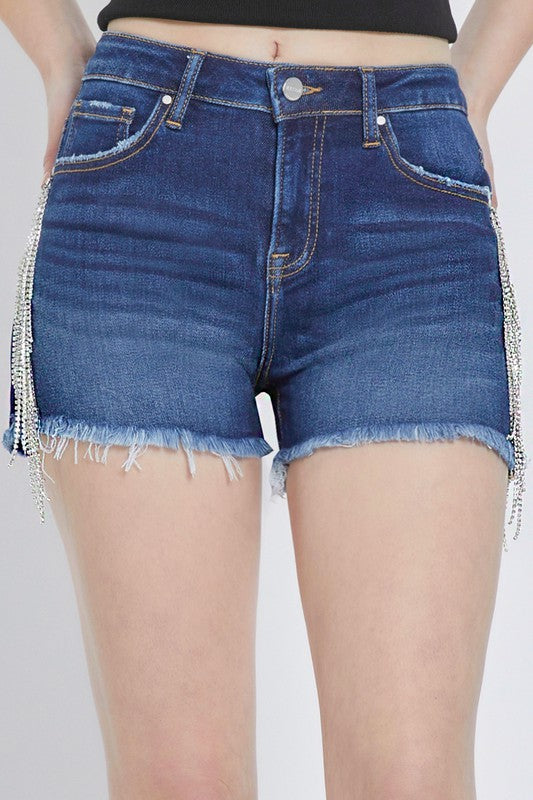 Dame Shorts Høyt Liv Frynse Polyester Med Rhinestones 1