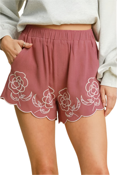 Dame Shorts i Linblanding med Blomsterbroderi 0