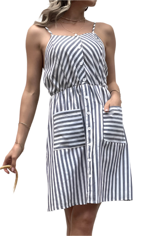 Dame Slip Dress Stripet Bomull-Lin for Sommerbruk 0