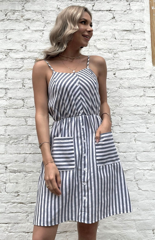 Dame Slip Dress Stripet Bomull-Lin for Sommerbruk 1