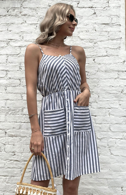 Dame Slip Dress Stripet Bomull-Lin for Sommerbruk 2