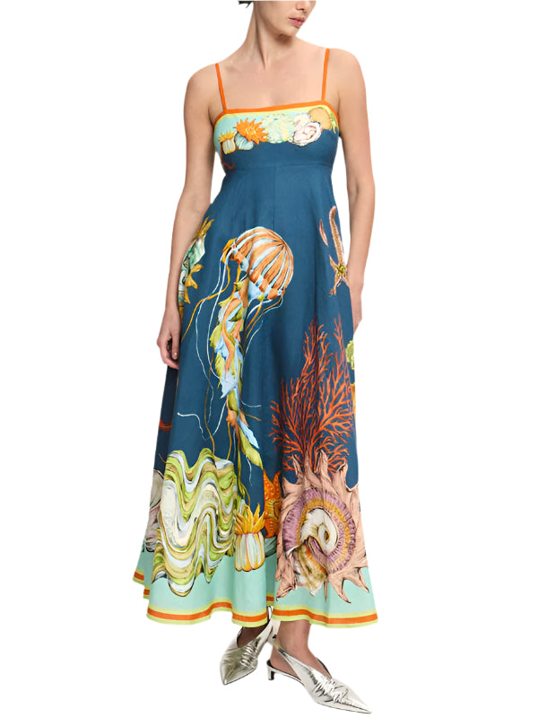 Dame Sommerkjole Ermeløs Bomull Og Lin Mønstret 0