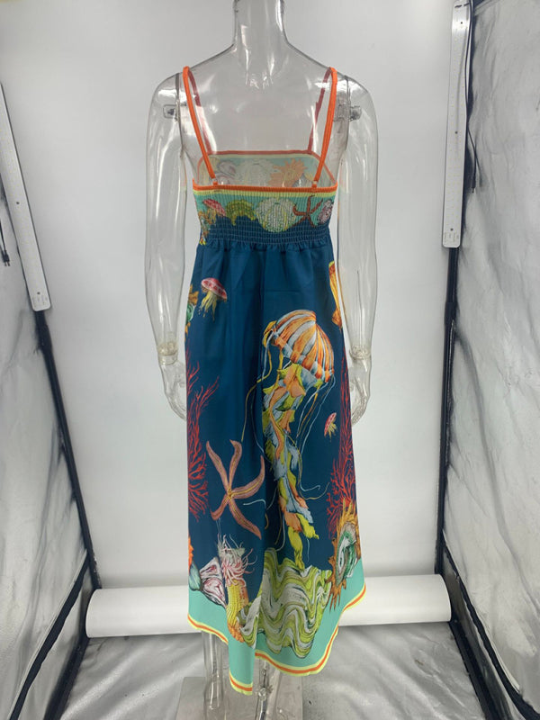 Dame Sommerkjole Ermeløs Bomull Og Lin Mønstret 1