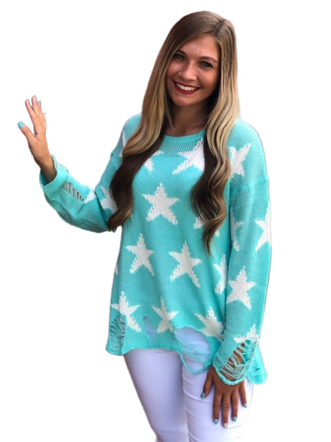 Dame Strikkegenser Med Rund Hals og Stjerneprint 0