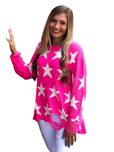 Dame Strikket Genser med Rund Hals og Stjerneprint 0