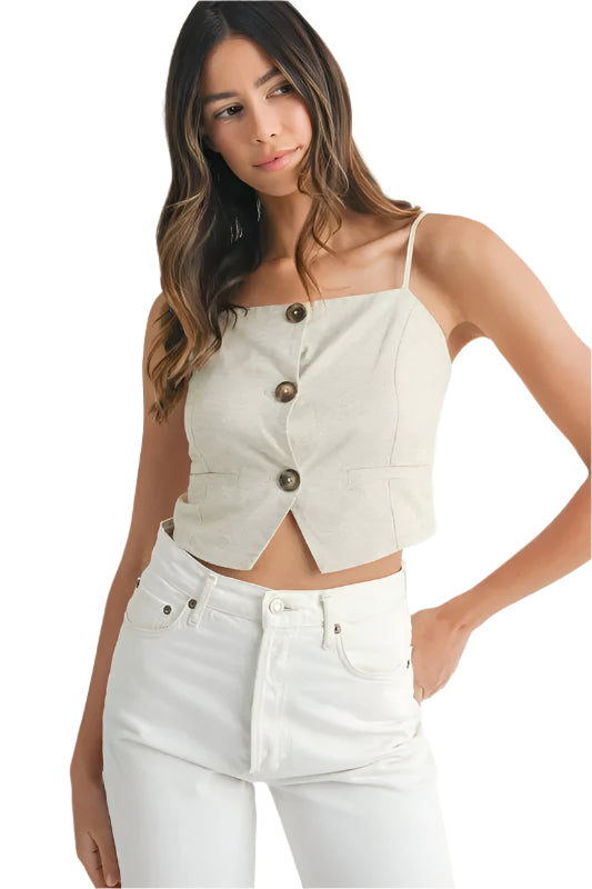 Dame Tank Top med Knapper Linblanding Kort Lengde 0