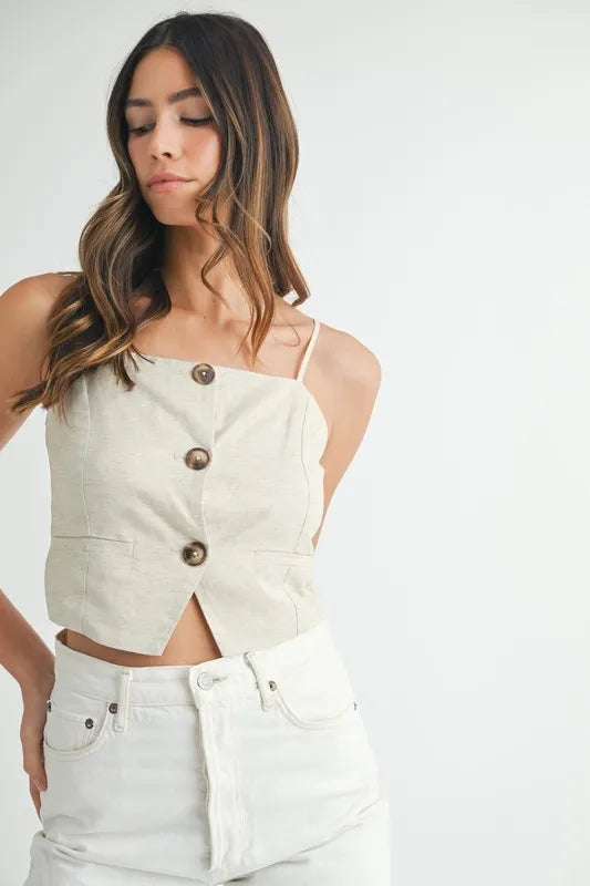 Dame Tank Top med Knapper Linblanding Kort Lengde 1
