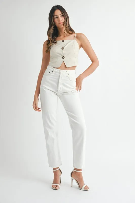 Dame Tank Top med Knapper Linblanding Kort Lengde 4