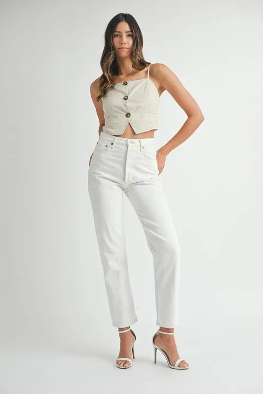 Dame Tank Top med Knapper Linblanding Kort Lengde 5