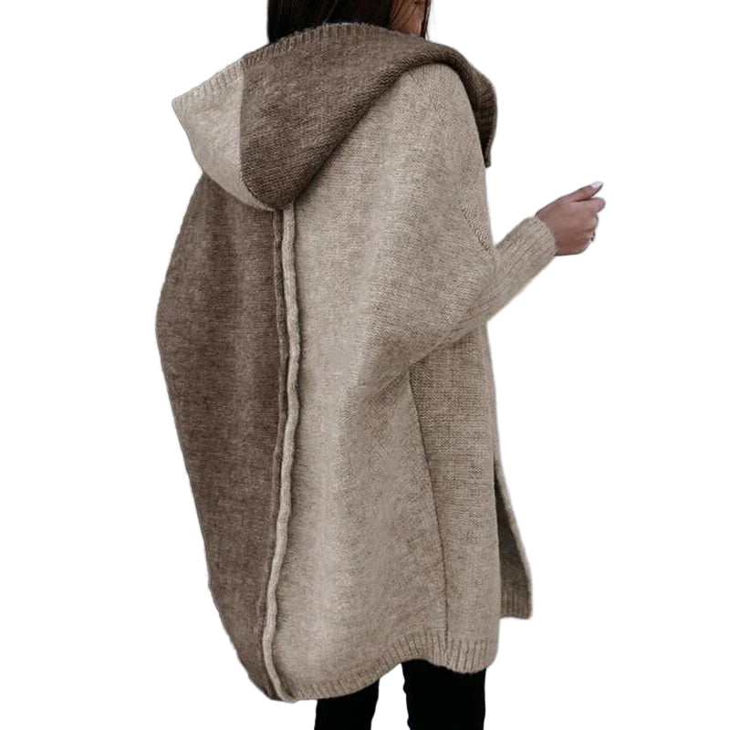 Dame Ull Cardigan Oversized Hette med Åpen Front og Patchwork Design 1