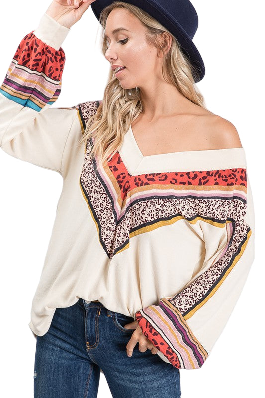 Dame V-Hals Topp med Biskop Ermer Lett Stoff 0