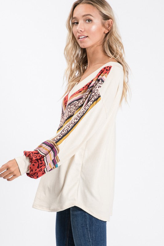 Dame V-Hals Topp med Biskop Ermer Lett Stoff 1