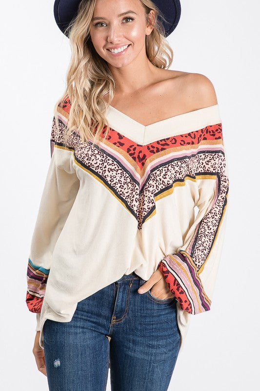 Dame V-Hals Topp med Biskop Ermer Lett Stoff 2