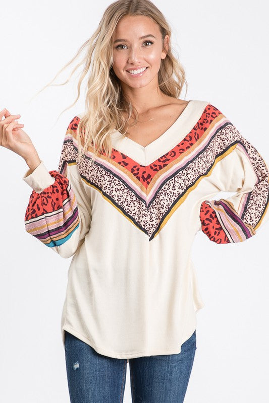 Dame V-Hals Topp med Biskop Ermer Lett Stoff 3