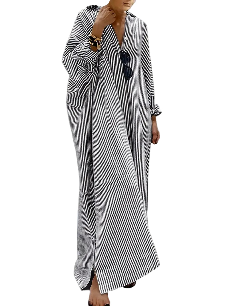 Damens Maxikjole med Striper og Omlegekrage 0