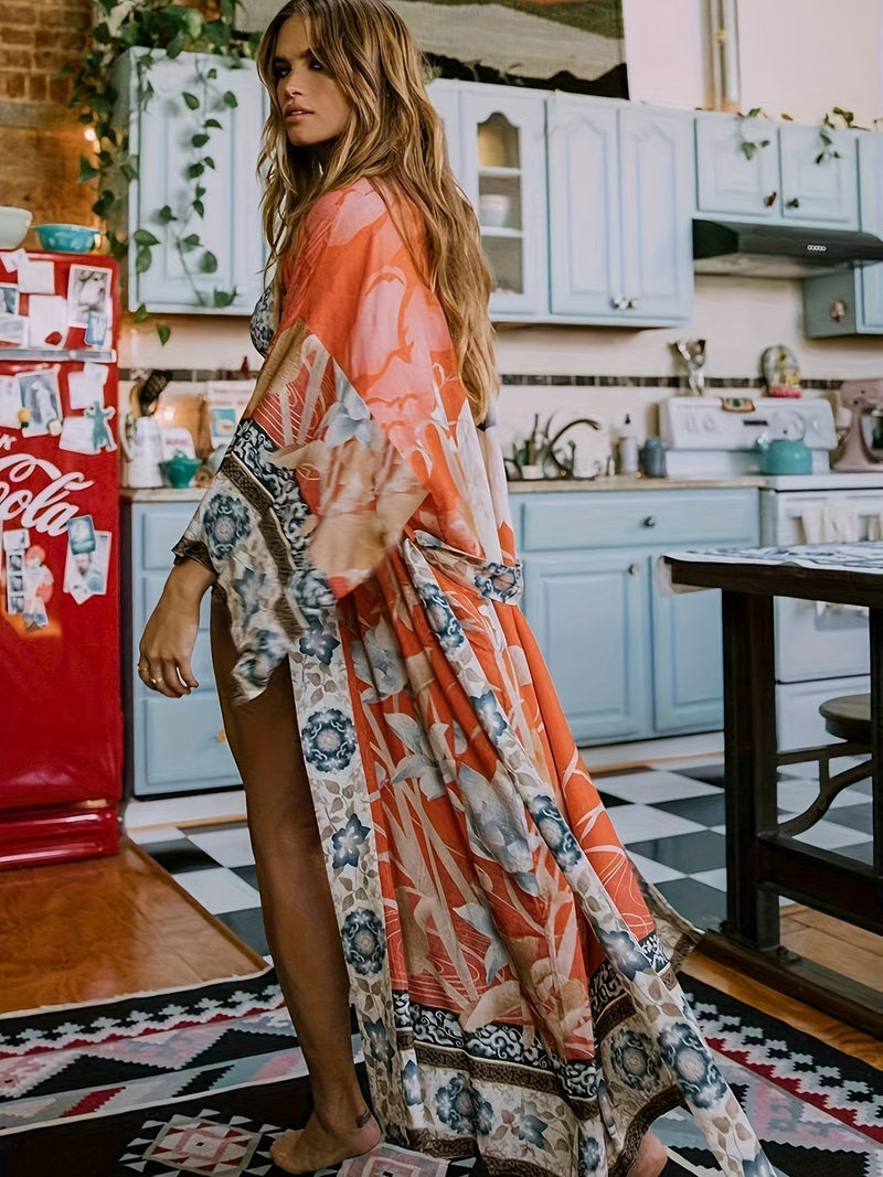 Damer Lange Kimono Blomsterprint Myk Blandingsstoff 1