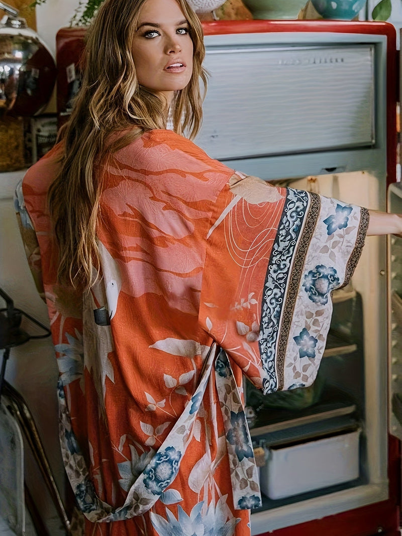 Damer Lange Kimono Blomsterprint Myk Blandingsstoff 2
