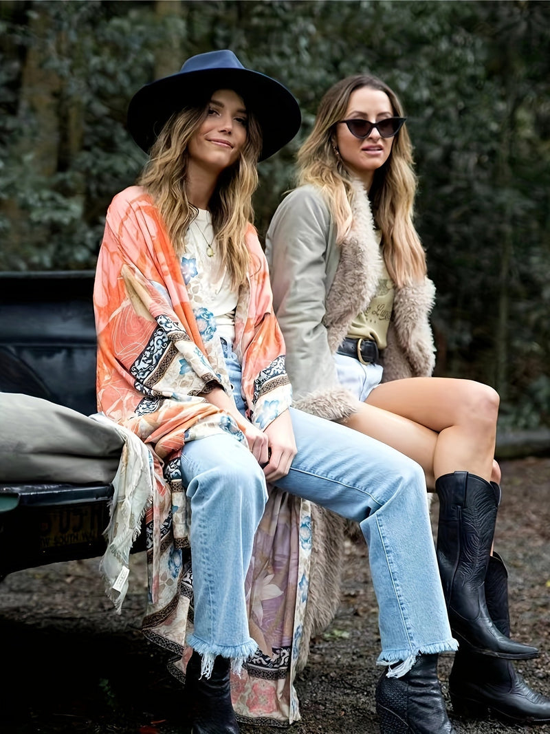 Damer Lange Kimono Blomsterprint Myk Blandingsstoff 4
