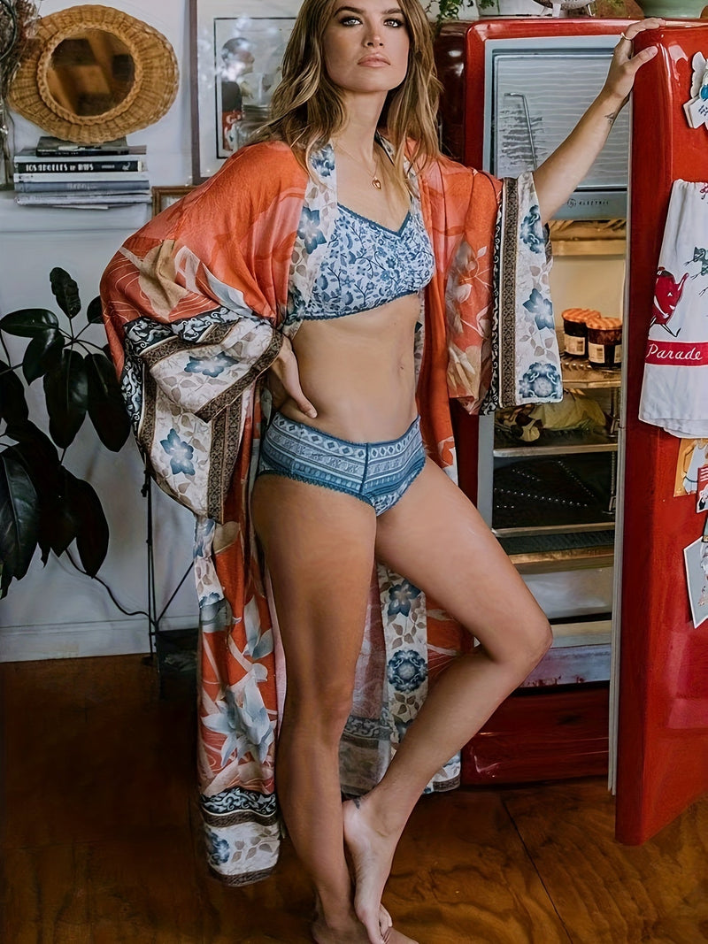 Damer Lange Kimono Blomsterprint Myk Blandingsstoff 5