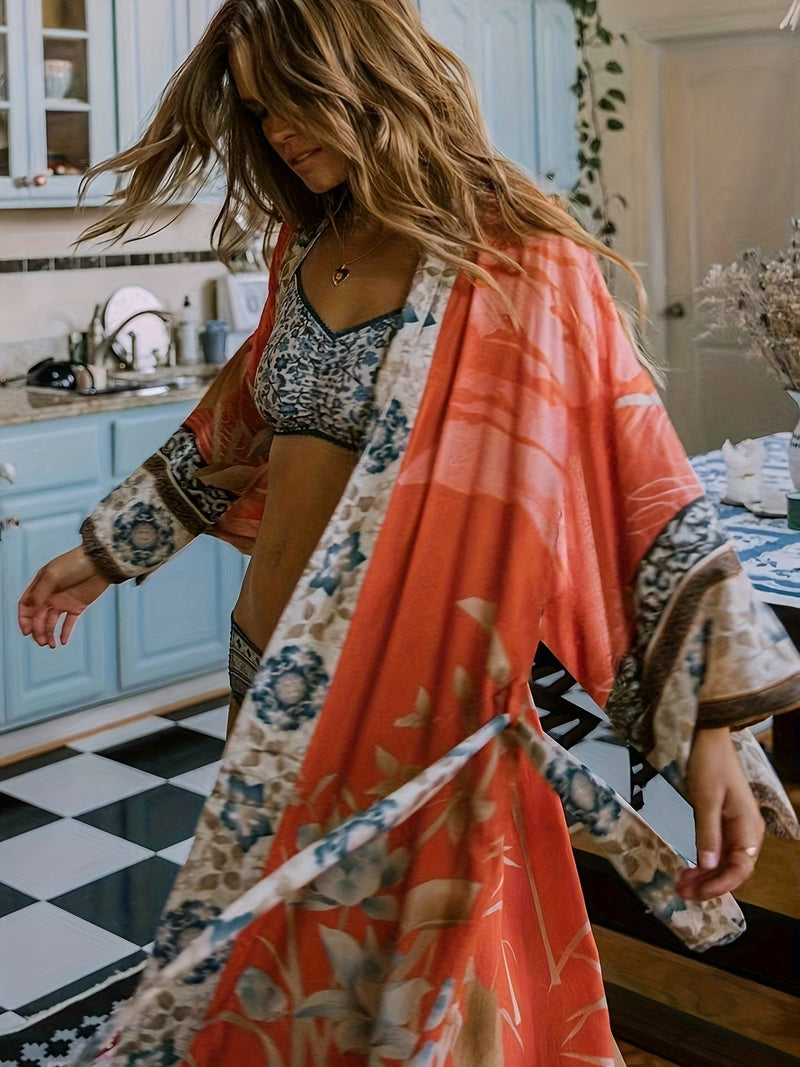 Damer Lange Kimono Blomsterprint Myk Blandingsstoff 6
