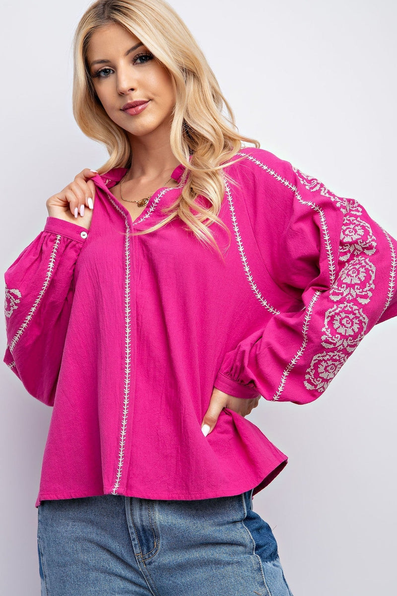 Damer Top med Broderi Boxy Loose 100% Bomull 1