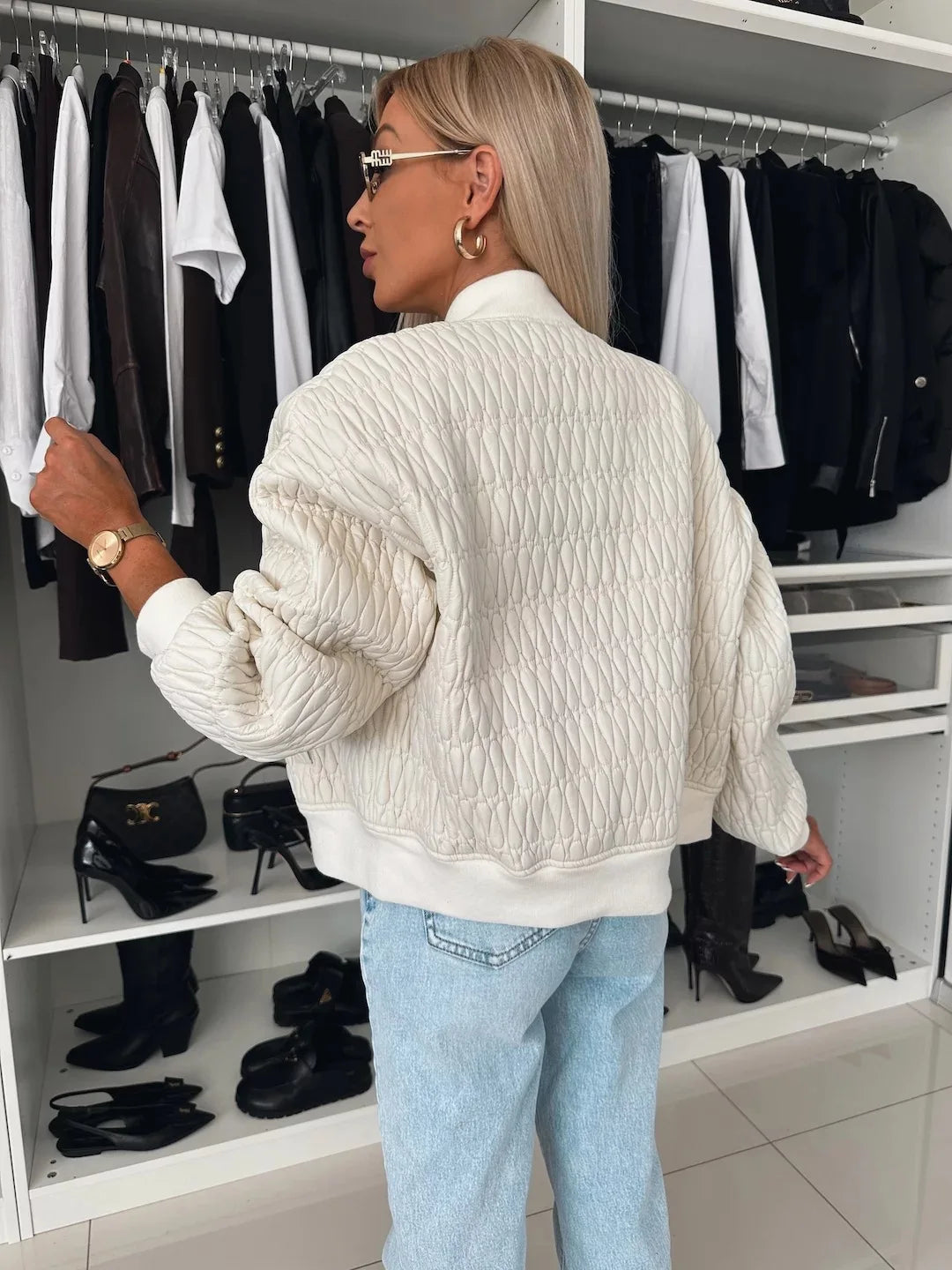 Damers Quilted Bomberjakke med Glidelås og Ribbestrikket Kant 2