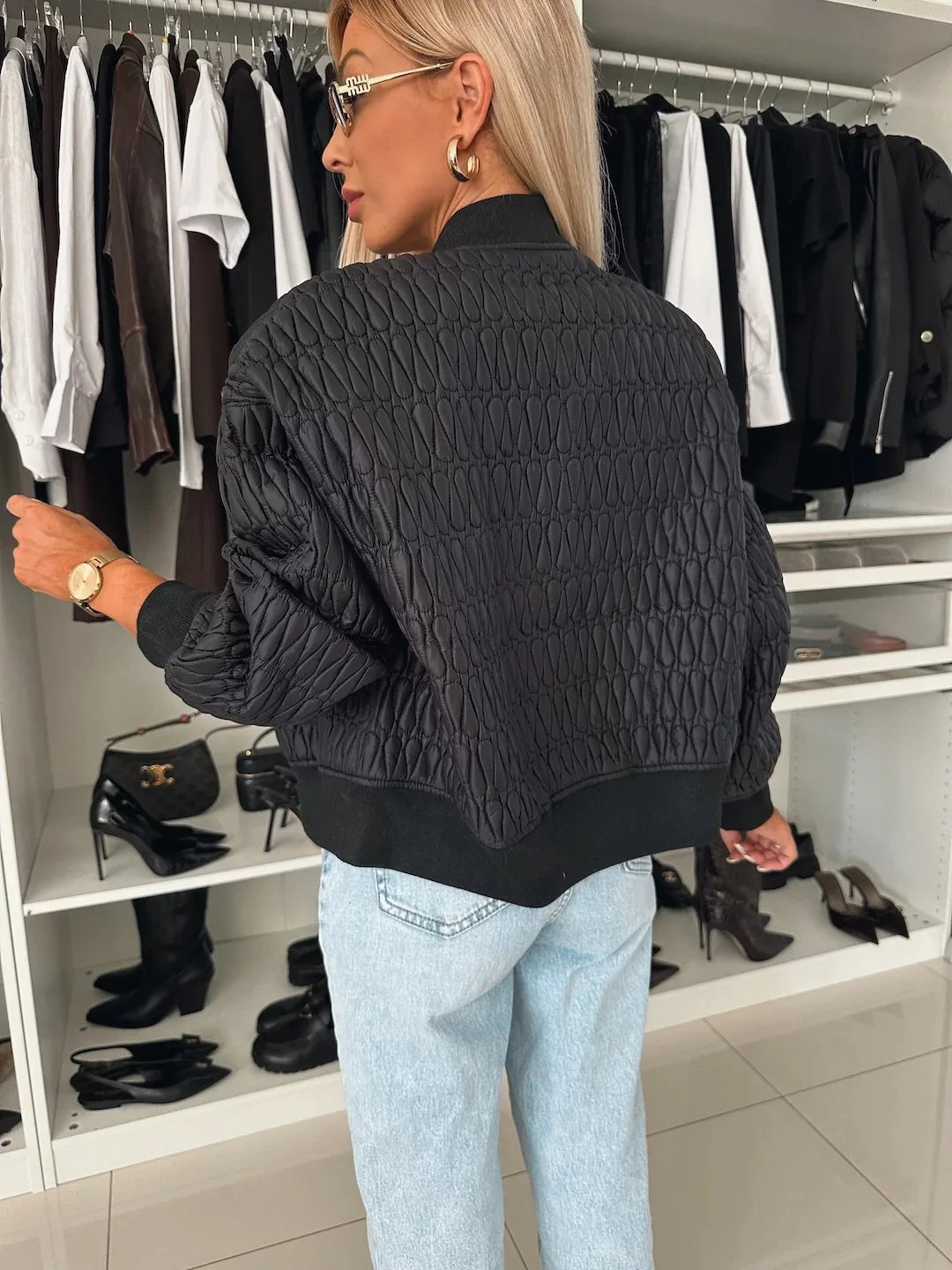 Damers Quilted Bomberjakke med Glidelås og Ribbestrikket Kant 7