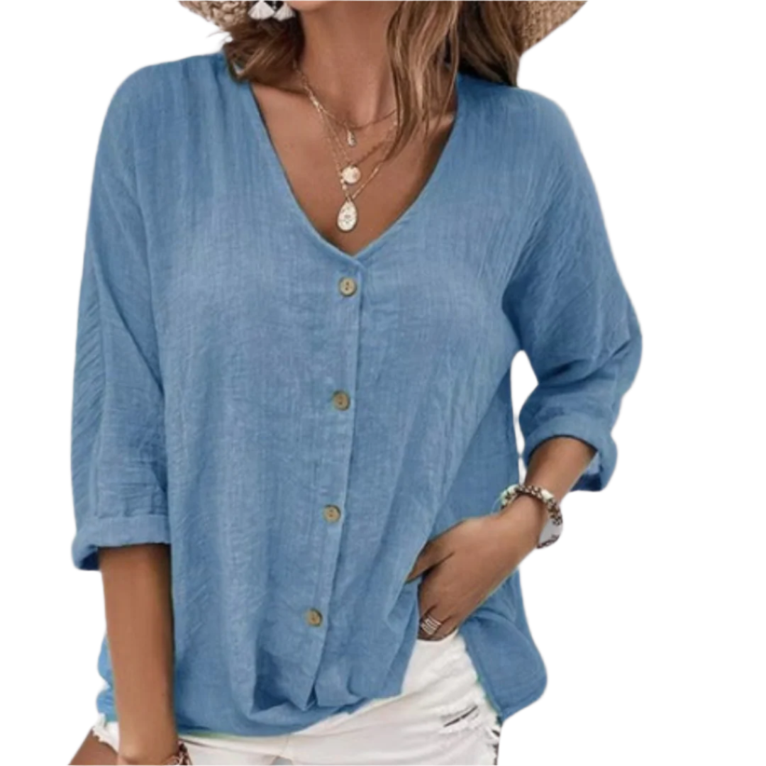 Dametopp med knapper og V-hals i lett stoff 0