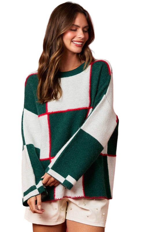 Genser med Fargeblokk og Søm i Grønn og Hvit 0