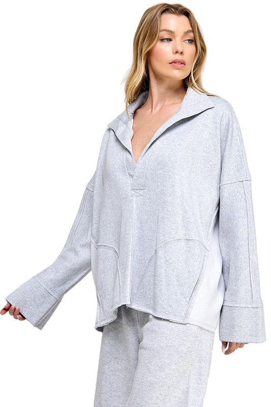 Grå V-hals Pullover med Dolman Ermer 0