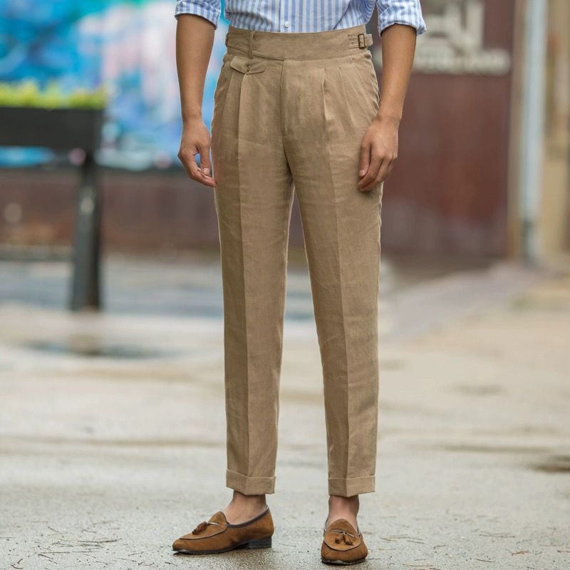 Herre Bukser Slim Fit Høy Midje Lin Pleated Front 1