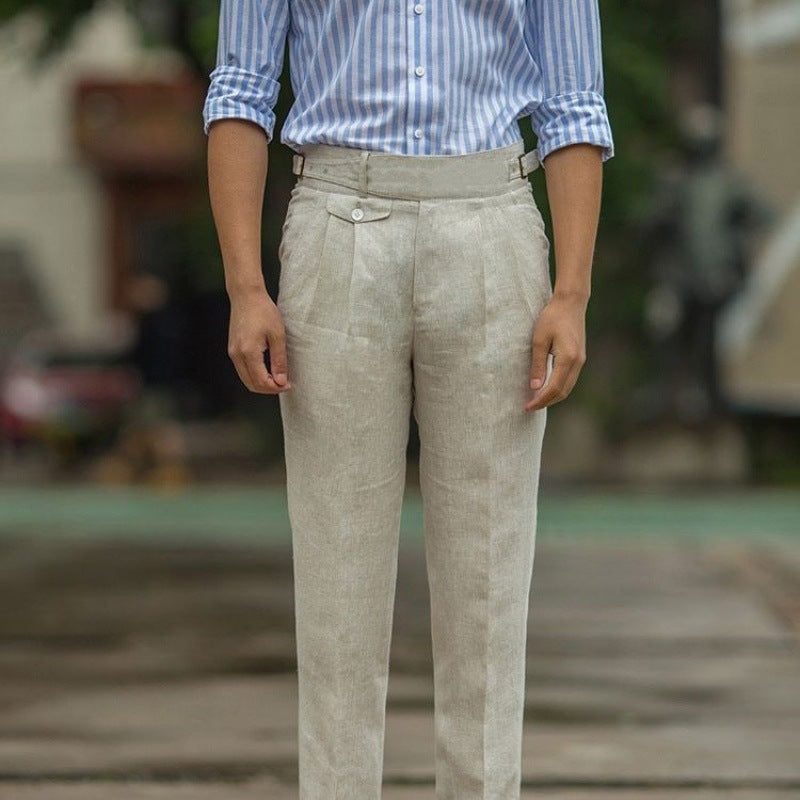 Herre Bukser Slim Fit Høy Midje Lin Pleated Front 3