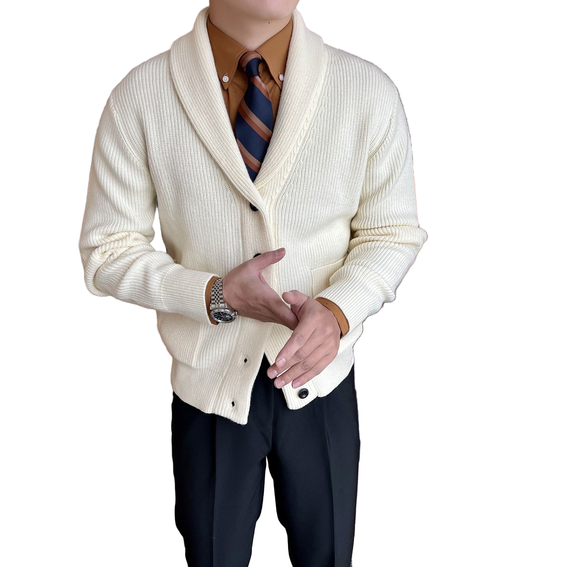 Herre Cardigan med Sjalkrage - Ribbestrikket - Knapp Opp 0