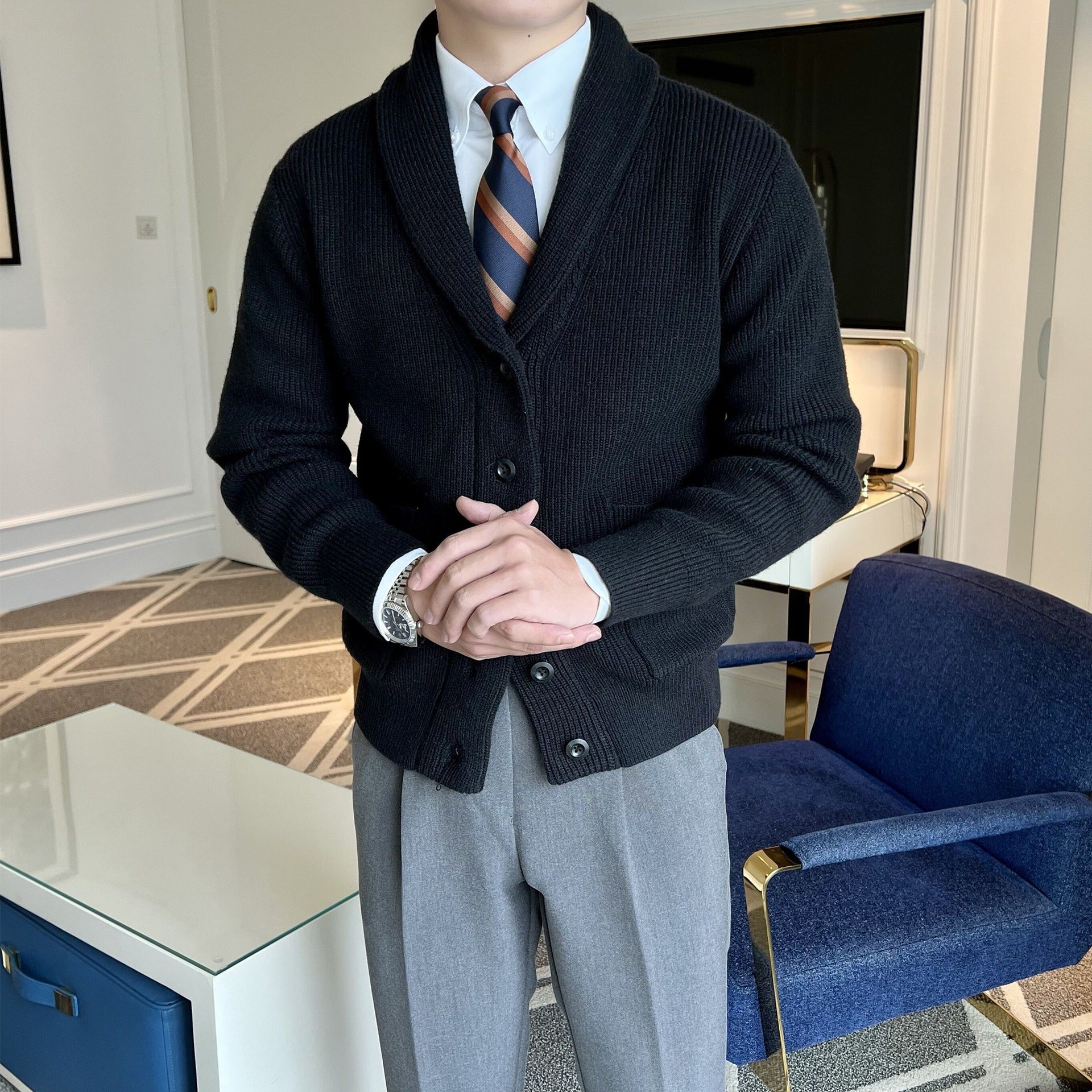 Herre Cardigan med Sjalkrage - Ribbestrikket - Knapp Opp 1