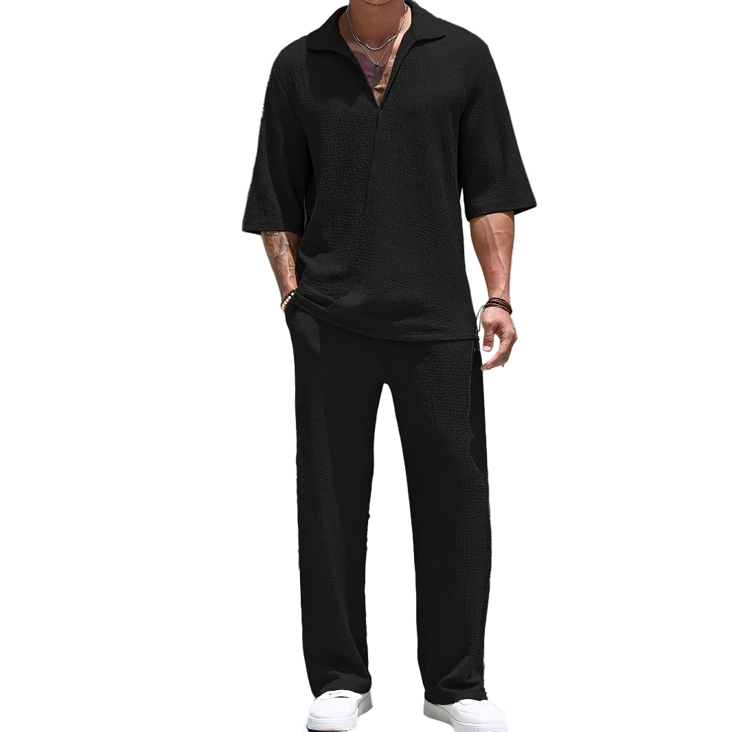 Herre Casual Sett – Teksturert Lettvev – Avslappet Passform – Halv-Glidelås Skjorte & Bukser 0