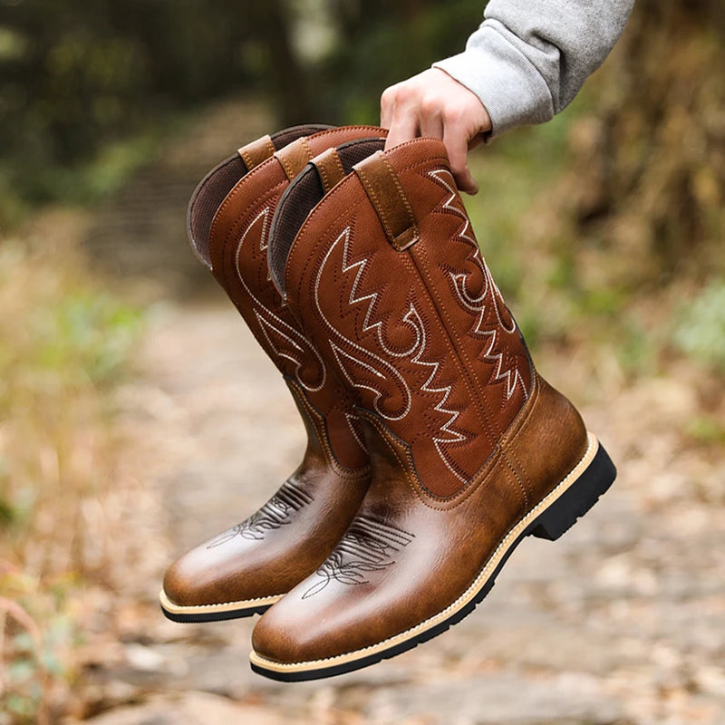 Herre Cowboy Støvler Retro Brodert Lær Høy Design 2