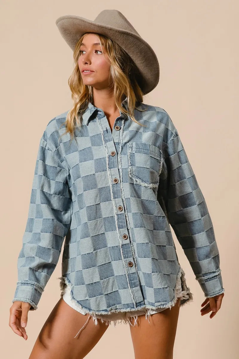 Herre Denim Skjorte Oversized Med Frayed Kante Detaljer 1