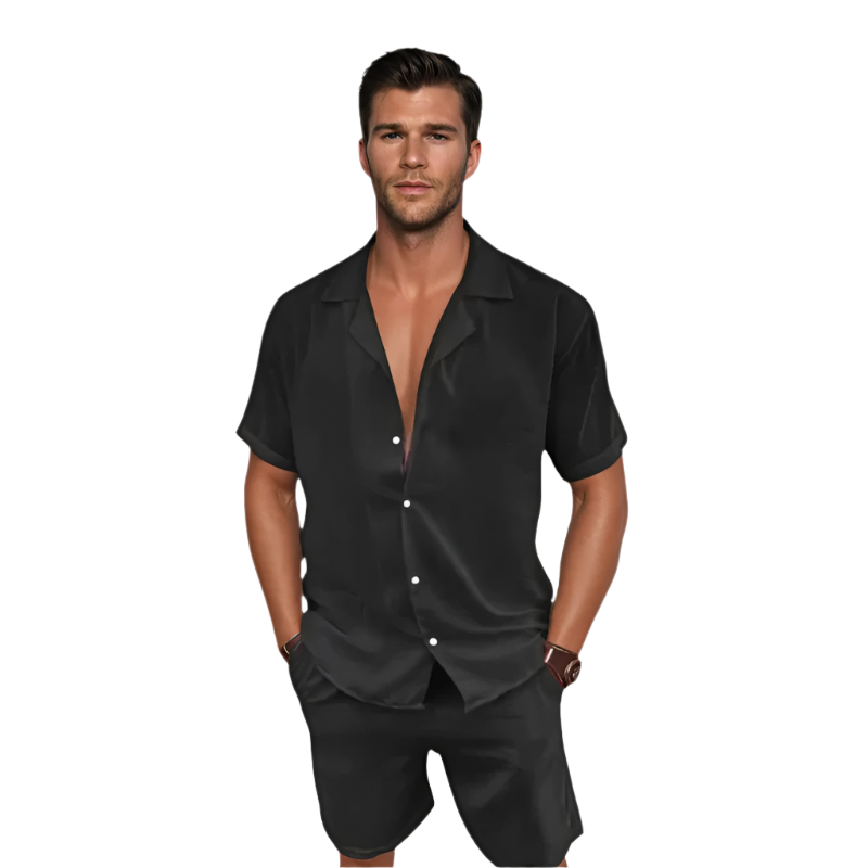 Herre Ensemble Kortermet Skjorte og Shorts i Lin 0