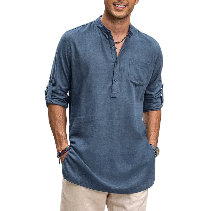 Herre Henley Skjorte Langermet Med Opprullede Ermer 0