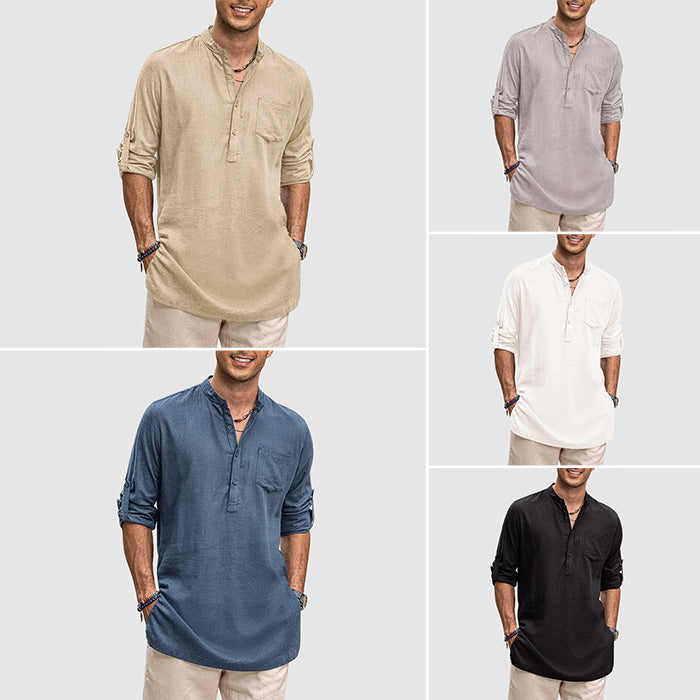 Herre Henley Skjorte Langermet Med Opprullede Ermer 7