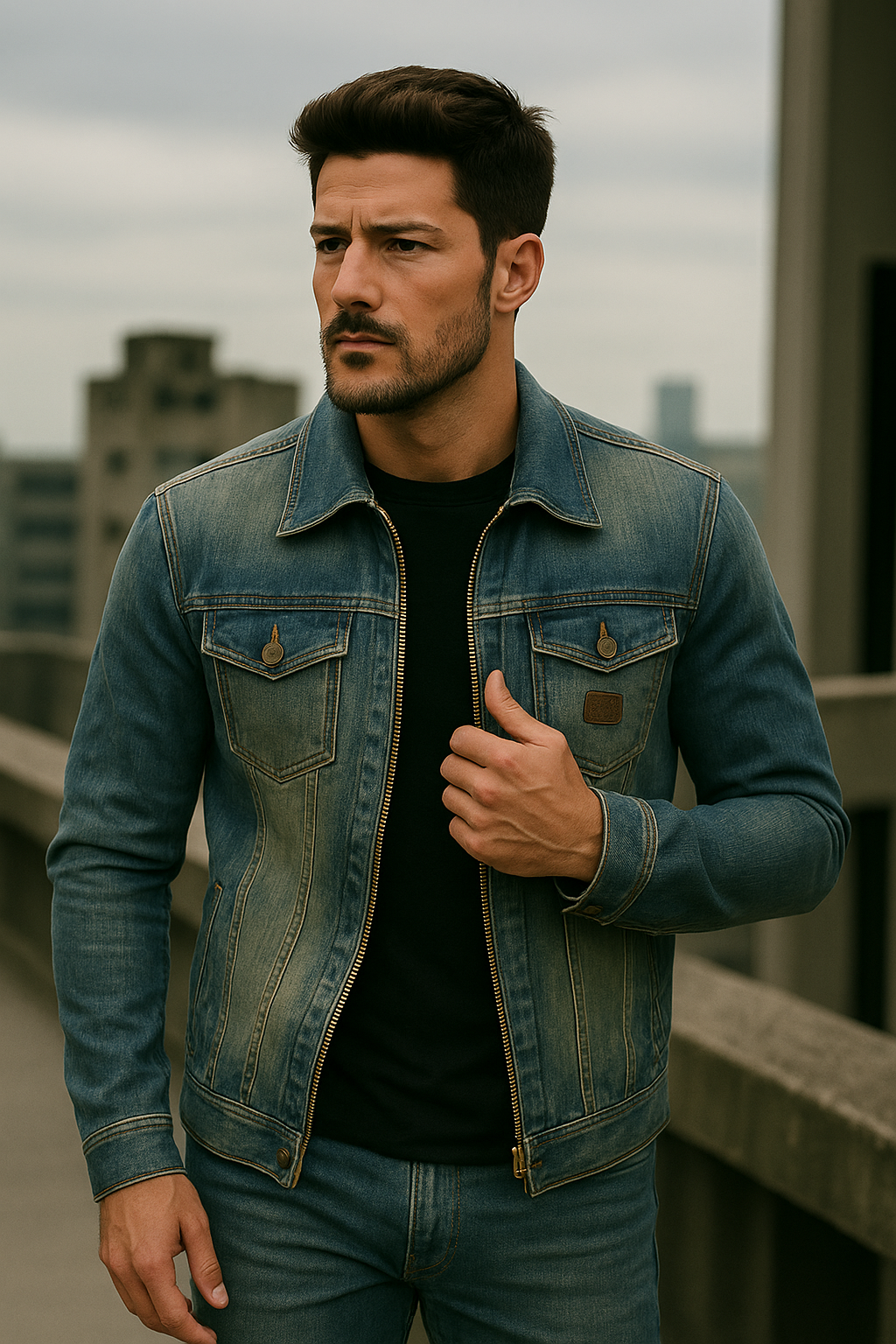 Herre Jakke Spijkerjakke med Knapplukking og Brystlommer i Solid Denim 1