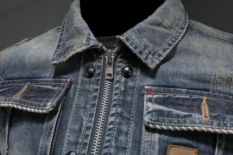 Herre Jakke Spijkerjakke med Knapplukking og Brystlommer i Solid Denim 6