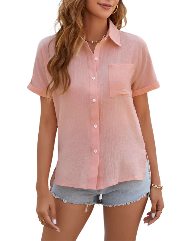 Herre Kortermet Skjorte i Bomull og Lin med Lomme 0