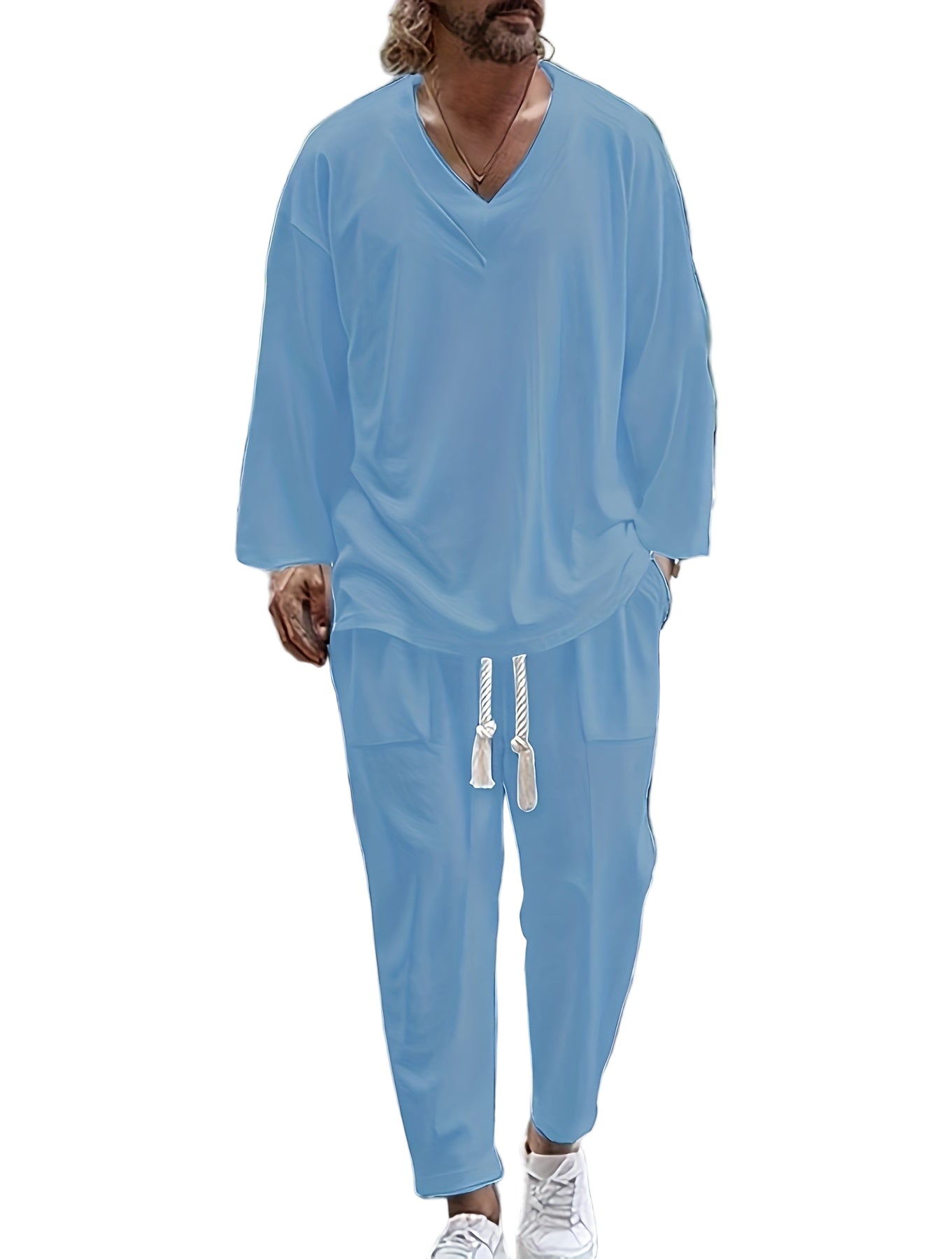 Herre Loungewear Sett V-Hals Langermet Top Avslappede Bukser i Bomullsblanding 0