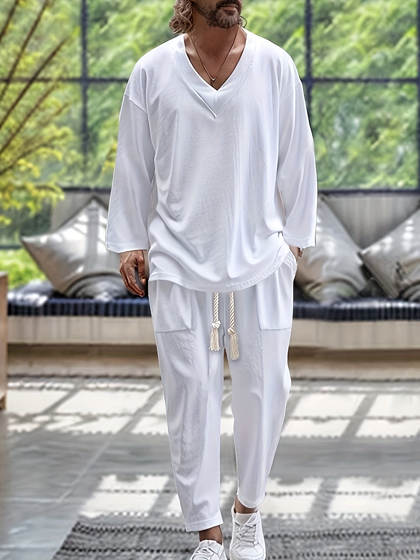 Herre Loungewear Sett V-Hals Langermet Top Avslappede Bukser i Bomullsblanding 1