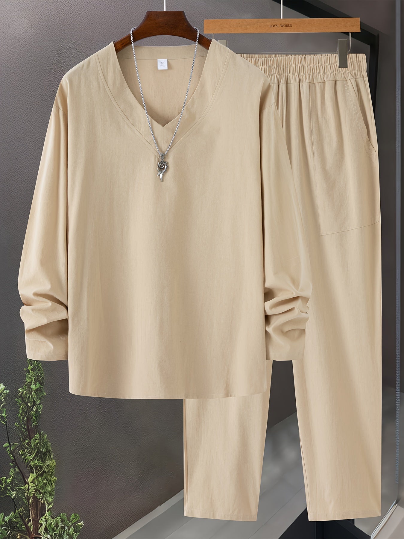 Herre Loungewear Sett V-Hals Langermet Top Avslappede Bukser i Bomullsblanding 2